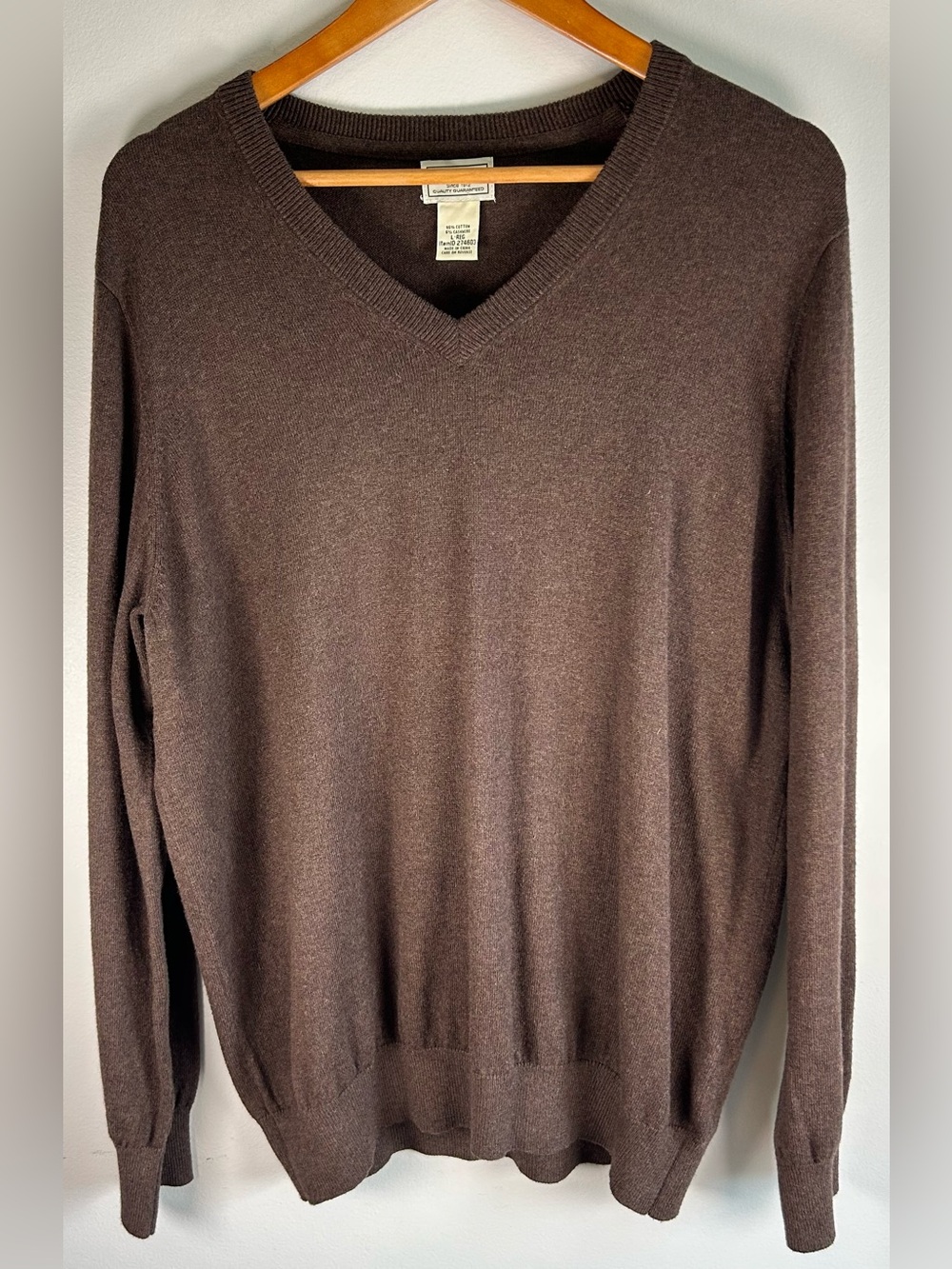 LL Bean Men’s V Neck Sweater Size L Brown Cotton Cashmere Pullover 274603